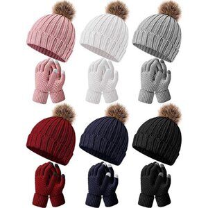 12 Pcs Knitted Beanie Hat Glove Set 6 Pcs Knit Skull Cap, 6 Pairs Gloves